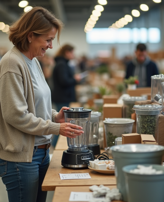 Femme inspectant un blender d'occasion dans un marché aux puces