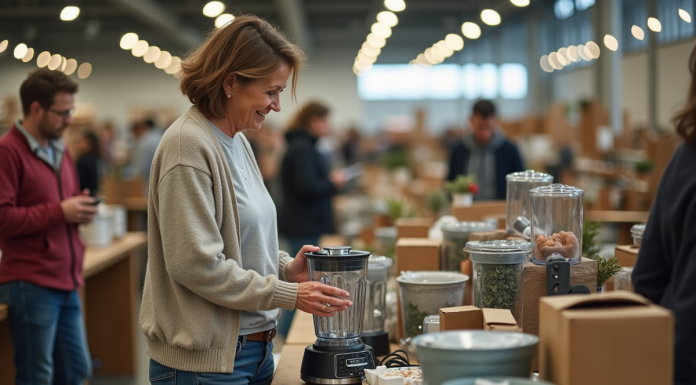 Femme inspectant un blender d'occasion dans un marché aux puces