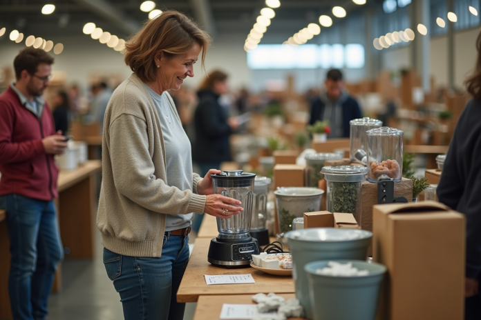 Femme inspectant un blender d'occasion dans un marché aux puces