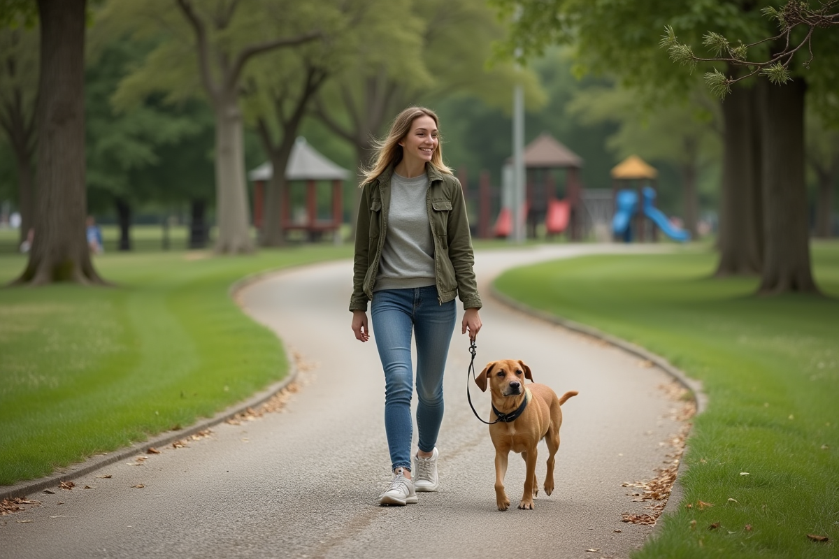 Femme marchant avec son chien sur un chemin de gravier dans un parc