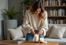 Femme en sweater arrangeant des bougies dans un salon moderne