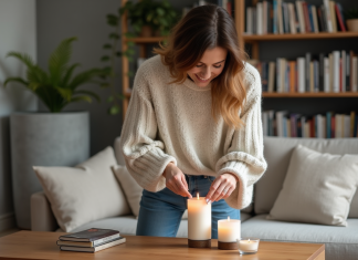 Bougies : l’importance des 3 bougies en décoration intérieure Femme en sweater arrangeant des bougies dans un salon moderne