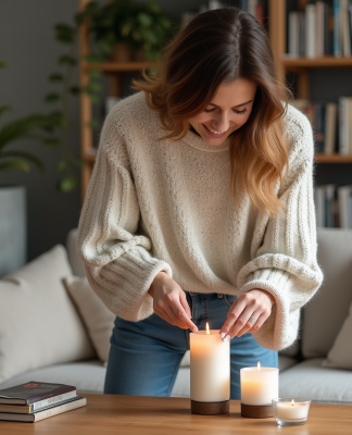 Femme en sweater arrangeant des bougies dans un salon moderne