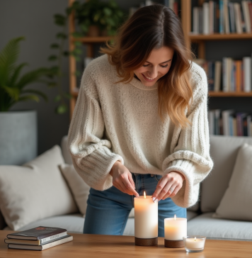 Bougies : l’importance des 3 bougies en décoration intérieure Femme en sweater arrangeant des bougies dans un salon moderne