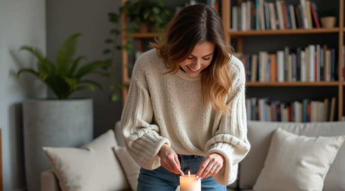 Femme en sweater arrangeant des bougies dans un salon moderne