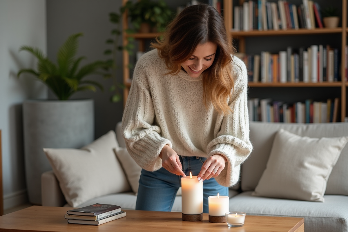 Femme en sweater arrangeant des bougies dans un salon moderne