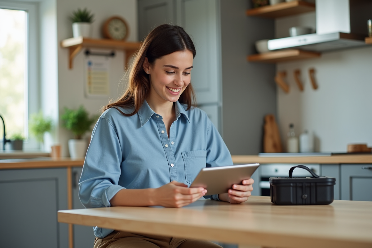 Jeune femme souriante vérifiant un badge de plombier sur une tablette