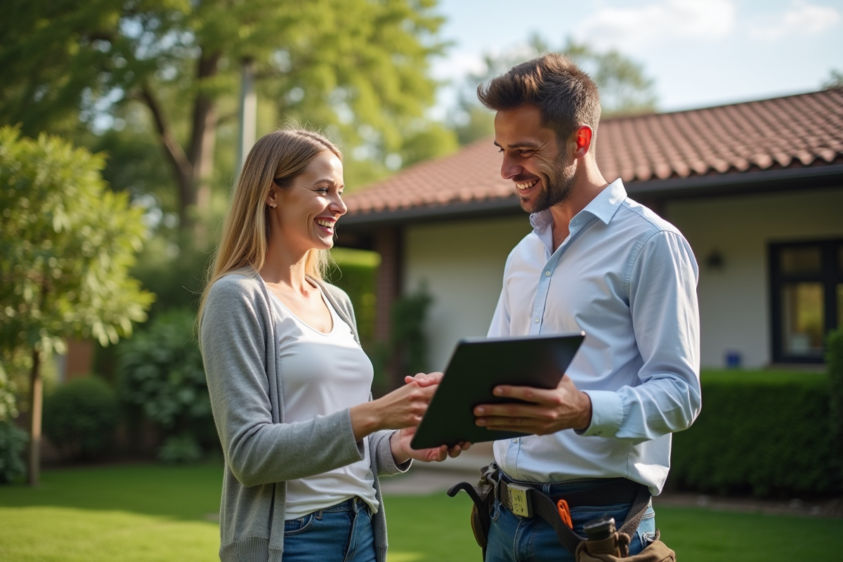 Femme souriante parlant avec un couvreur dans le jardin