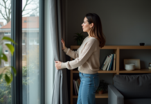 Femme tirant des rideaux occultants dans un salon moderne