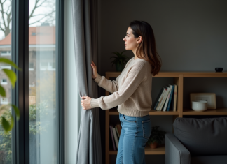 Rideaux occultants : avantages et inconvénients à connaître Femme tirant des rideaux occultants dans un salon moderne