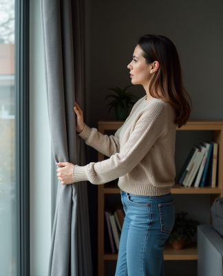 Femme tirant des rideaux occultants dans un salon moderne