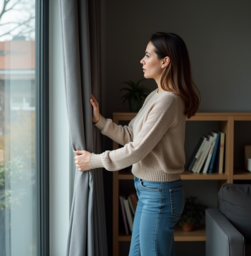 Rideaux occultants : avantages et inconvénients à connaître Femme tirant des rideaux occultants dans un salon moderne