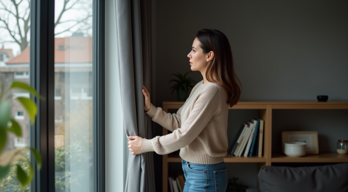 Femme tirant des rideaux occultants dans un salon moderne