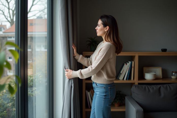 Femme tirant des rideaux occultants dans un salon moderne