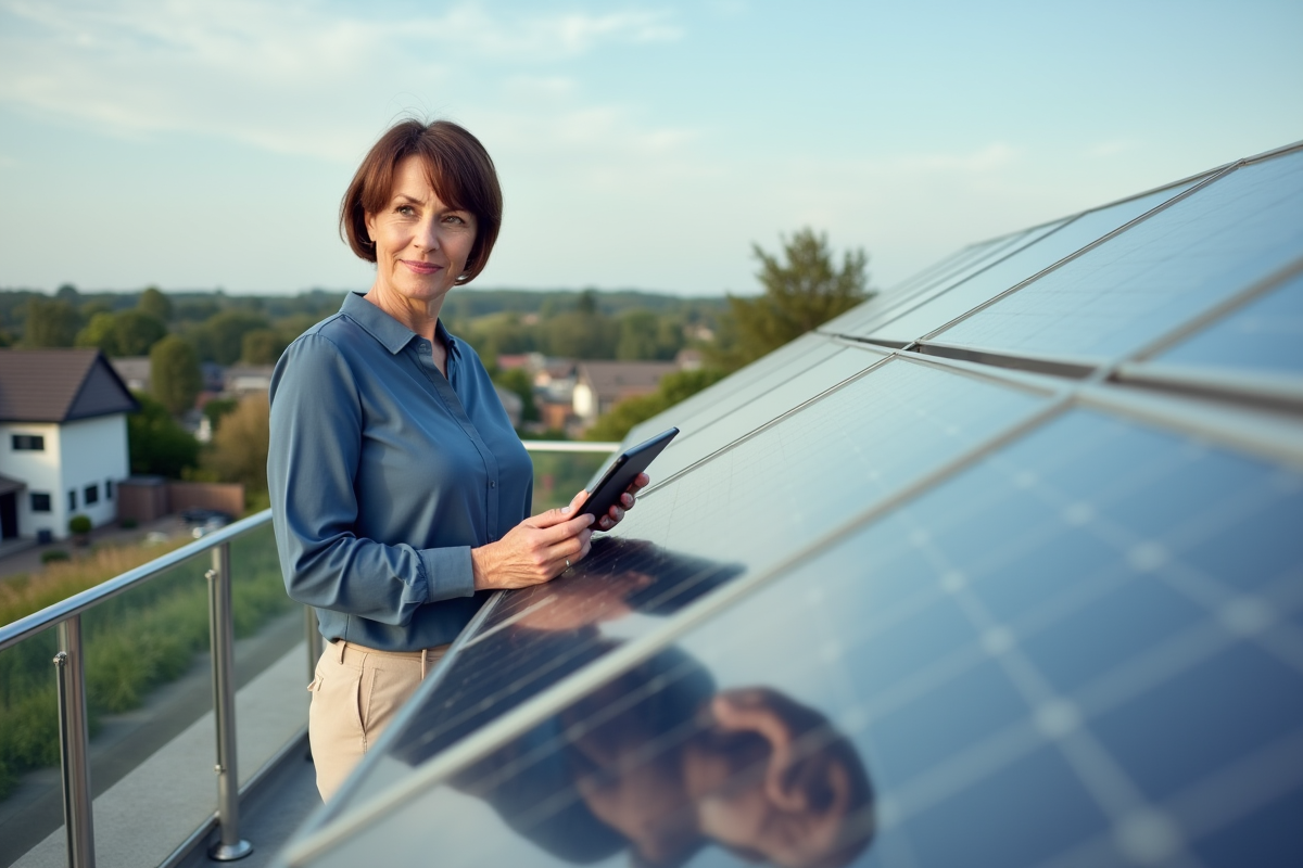Femme d'affaires examine des panneaux solaires sur un toit résidentiel