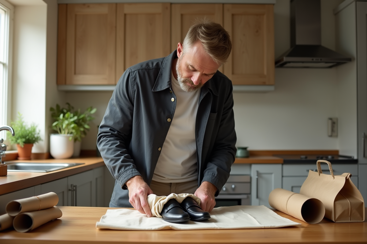 Homme pliant des loafers dans une cuisine en utilisant des astuces de voyage