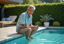 Homme d'âge moyen vérifiant l'eau de piscine avec un testeur digital