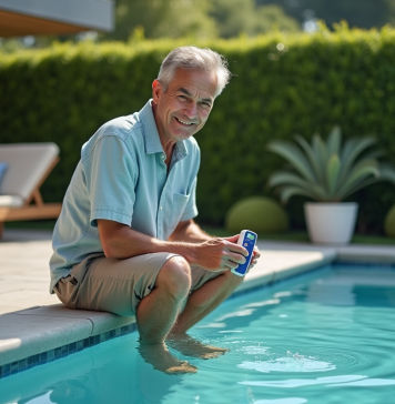 Optimiser le pH de l’eau de piscine : guide exhaustif pour une baignade saine Homme d'âge moyen vérifiant l'eau de piscine avec un testeur digital