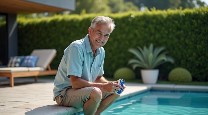 Homme d'âge moyen vérifiant l'eau de piscine avec un testeur digital