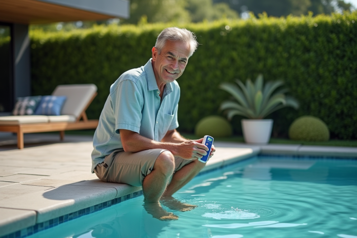 Homme d'âge moyen vérifiant l'eau de piscine avec un testeur digital