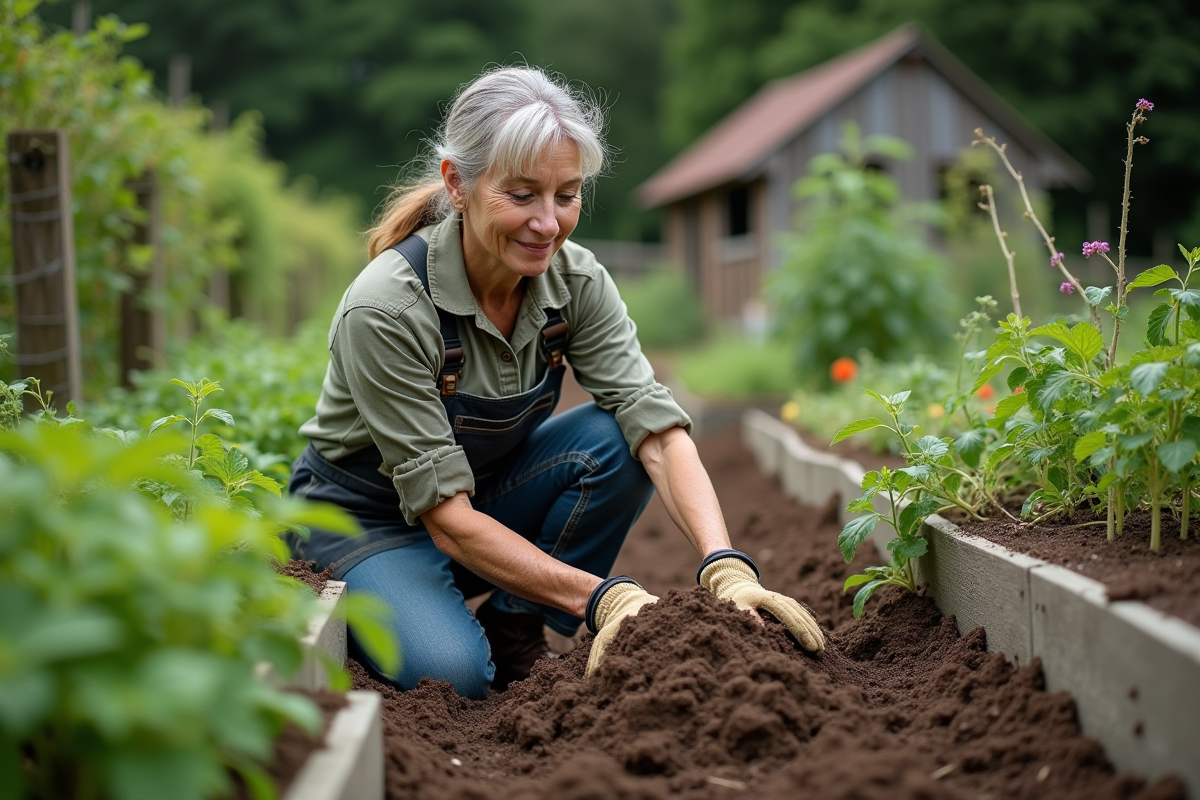 Femme en vêtements de travail dans un jardin bio en compostant