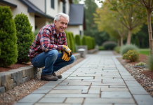 Jardinier homme en train d'examiner une nouvelle voie en pierre