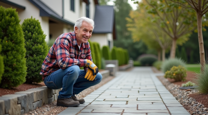 Jardinier homme en train d'examiner une nouvelle voie en pierre