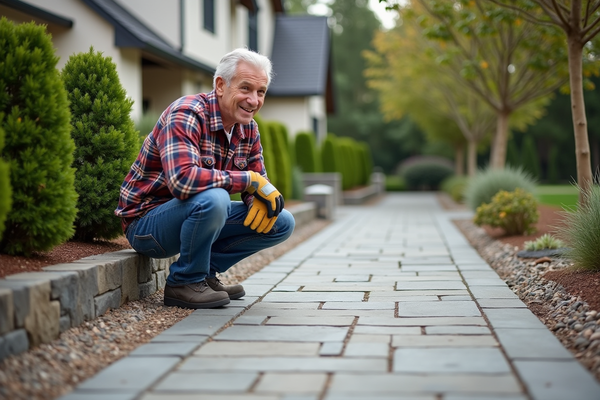 Jardinier homme en train d'examiner une nouvelle voie en pierre