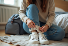 Jeune femme emballant des baskets blanches dans un sac en tissu dans une chambre moderne
