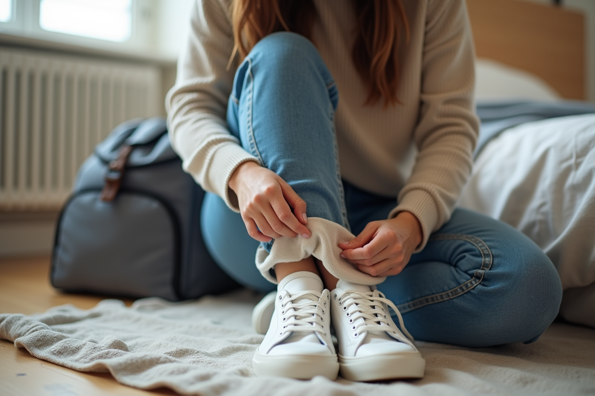 Jeune femme emballant des baskets blanches dans un sac en tissu dans une chambre moderne
