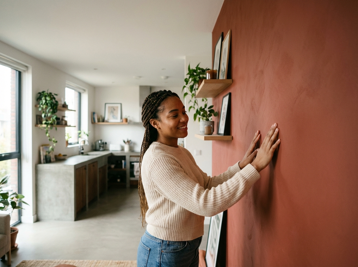 Jeune femme inspectant un mur peint dans son appartement moderne