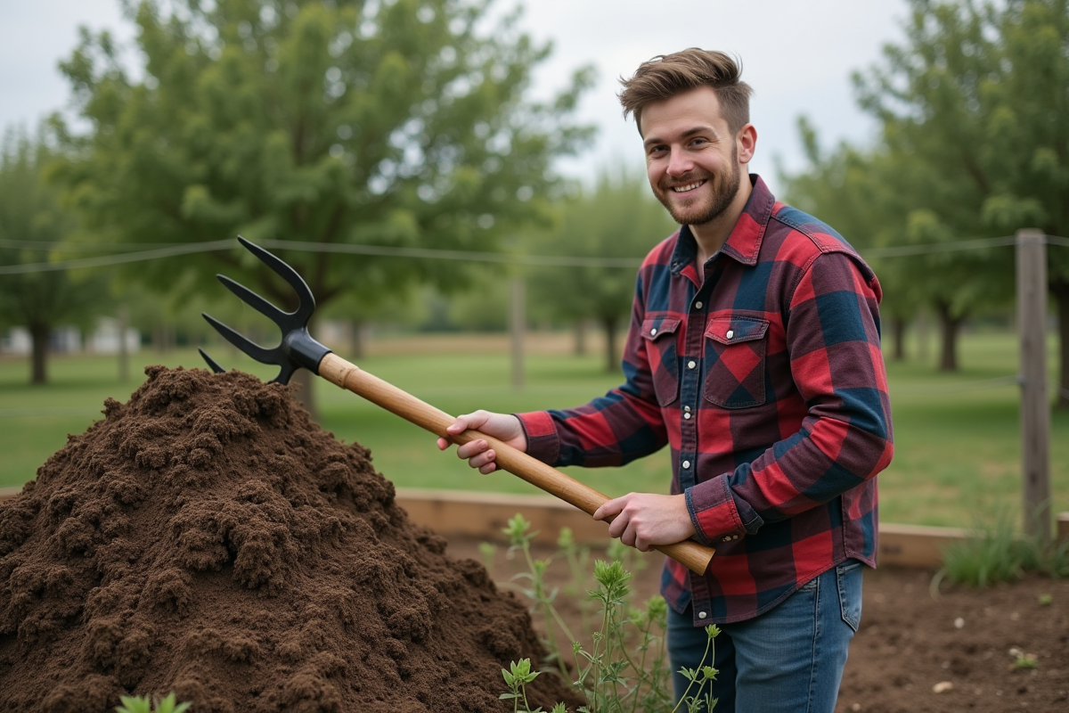 Jeune homme en flanelle tourne le compost avec un pitchfork