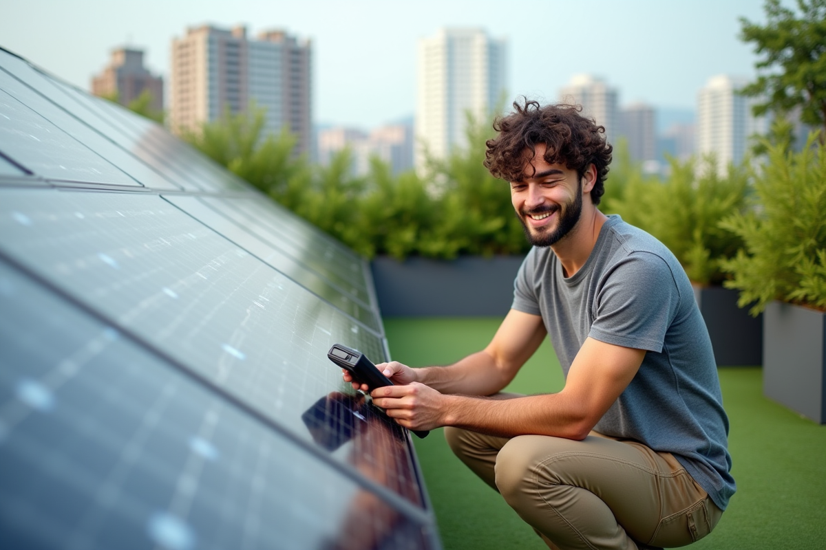 Jeune homme ajuste un dispositif de surveillance solaire dans un jardin urbain