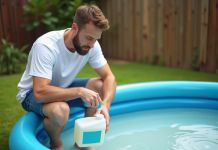 Jeune père verse du chlore dans un bassin gonflable extérieur