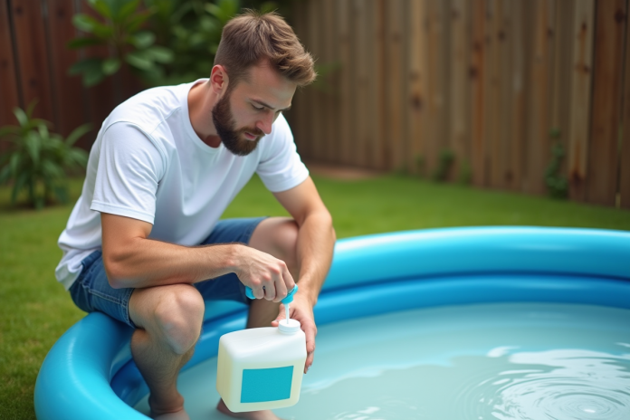Jeune père verse du chlore dans un bassin gonflable extérieur