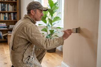 Peintre moyen âge appliquant une peinture naturelle sur un mur intérieur