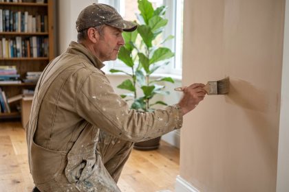 Peintre moyen âge appliquant une peinture naturelle sur un mur intérieur