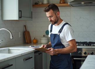 Vérifier plombier : conseils pour choisir professionnel fiable ! Plombier homme vérifiant un évier moderne dans une cuisine