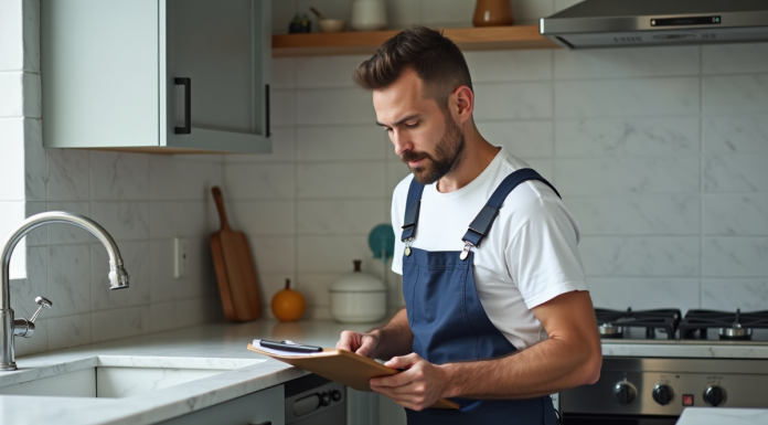 Plombier homme vérifiant un évier moderne dans une cuisine