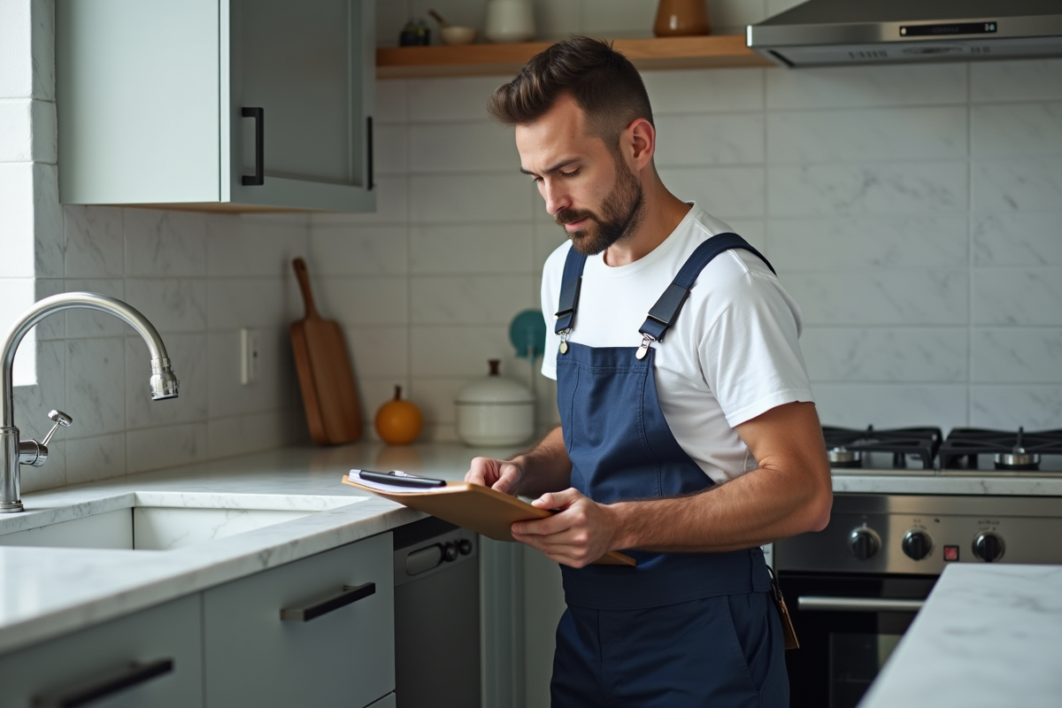 Plombier homme vérifiant un évier moderne dans une cuisine
