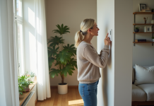 Améliorer le rendement énergétique : conseils pratiques et efficaces Femme ajustant un thermostat dans un salon lumineux