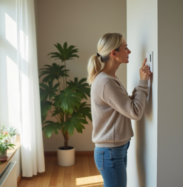 Améliorer le rendement énergétique : conseils pratiques et efficaces Femme ajustant un thermostat dans un salon lumineux