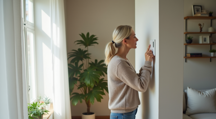 Femme ajustant un thermostat dans un salon lumineux