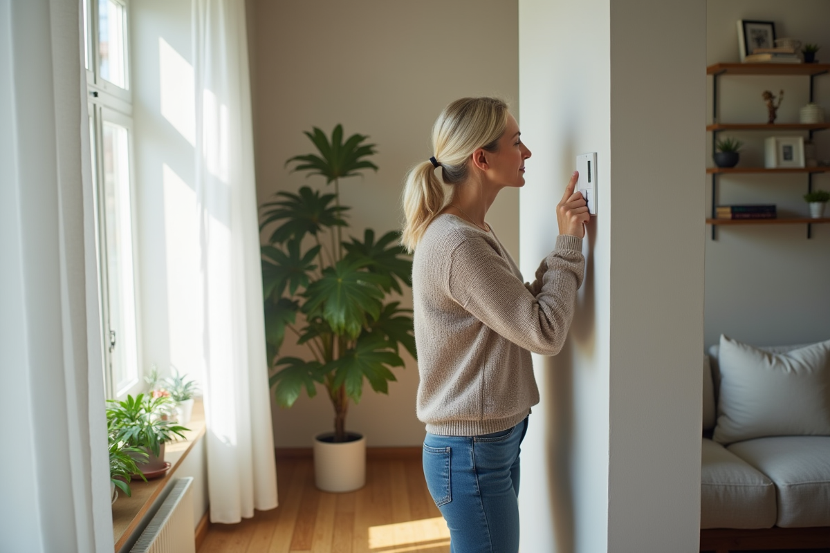 Femme ajustant un thermostat dans un salon lumineux
