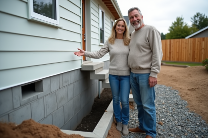 Couple souriant devant une maison neuve avec vide sanitaire