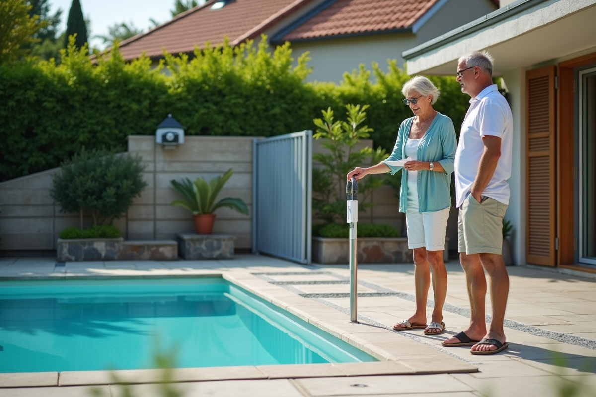Couple regardant un panneau de securite piscine dans leur jardin