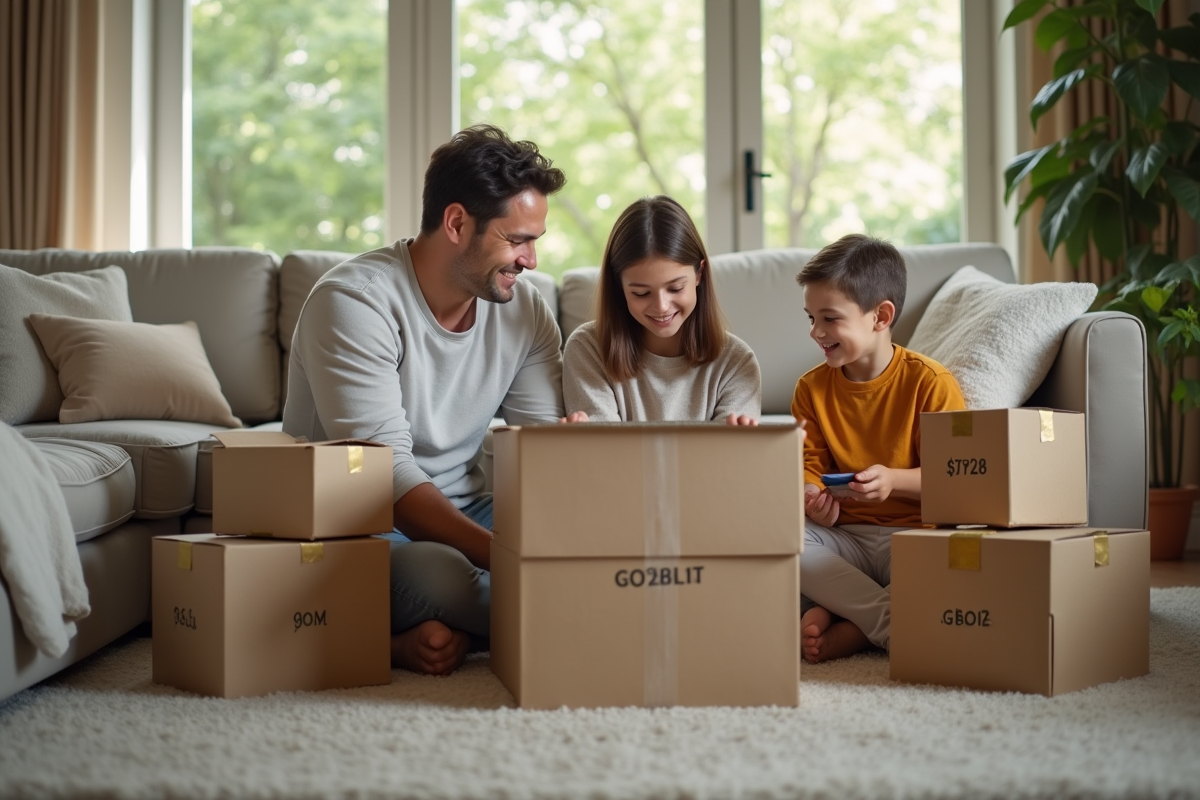 Famille organisant des cartons dans le salon