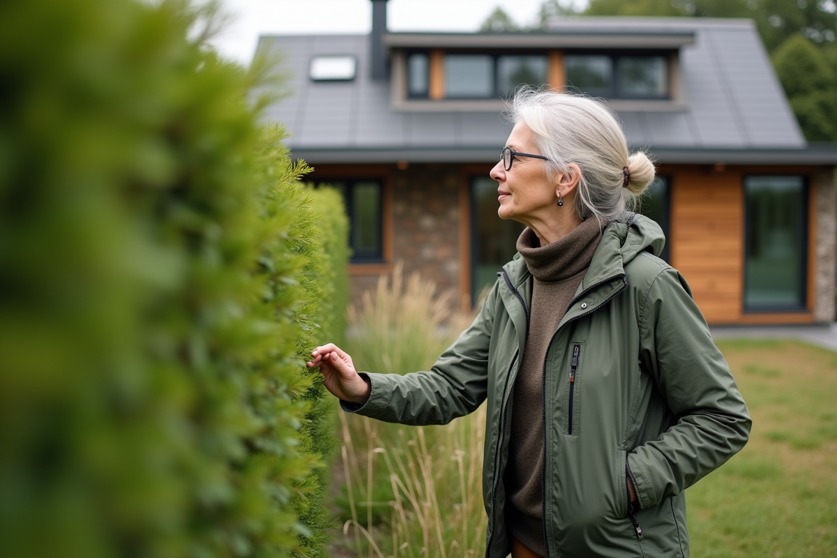 Femme inspectant la haie de sa maison bioclimatique