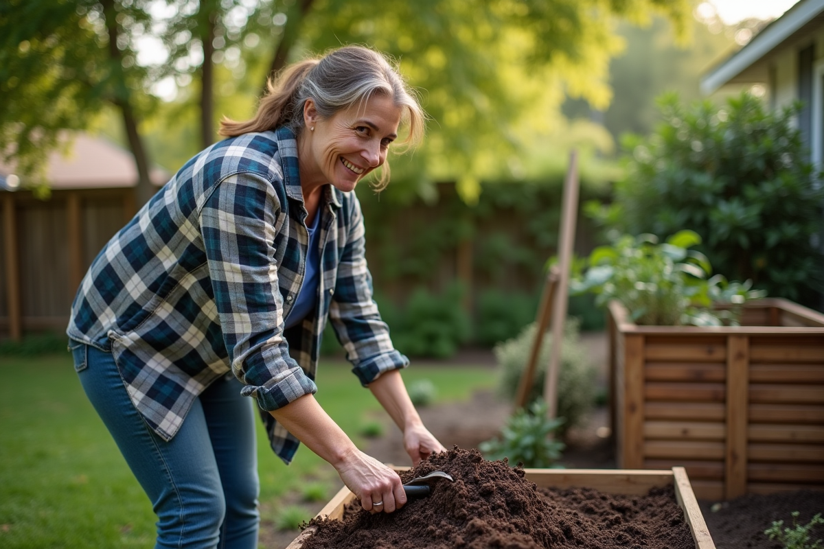 Femme d'âge moyen tournant du compost dans le jardin