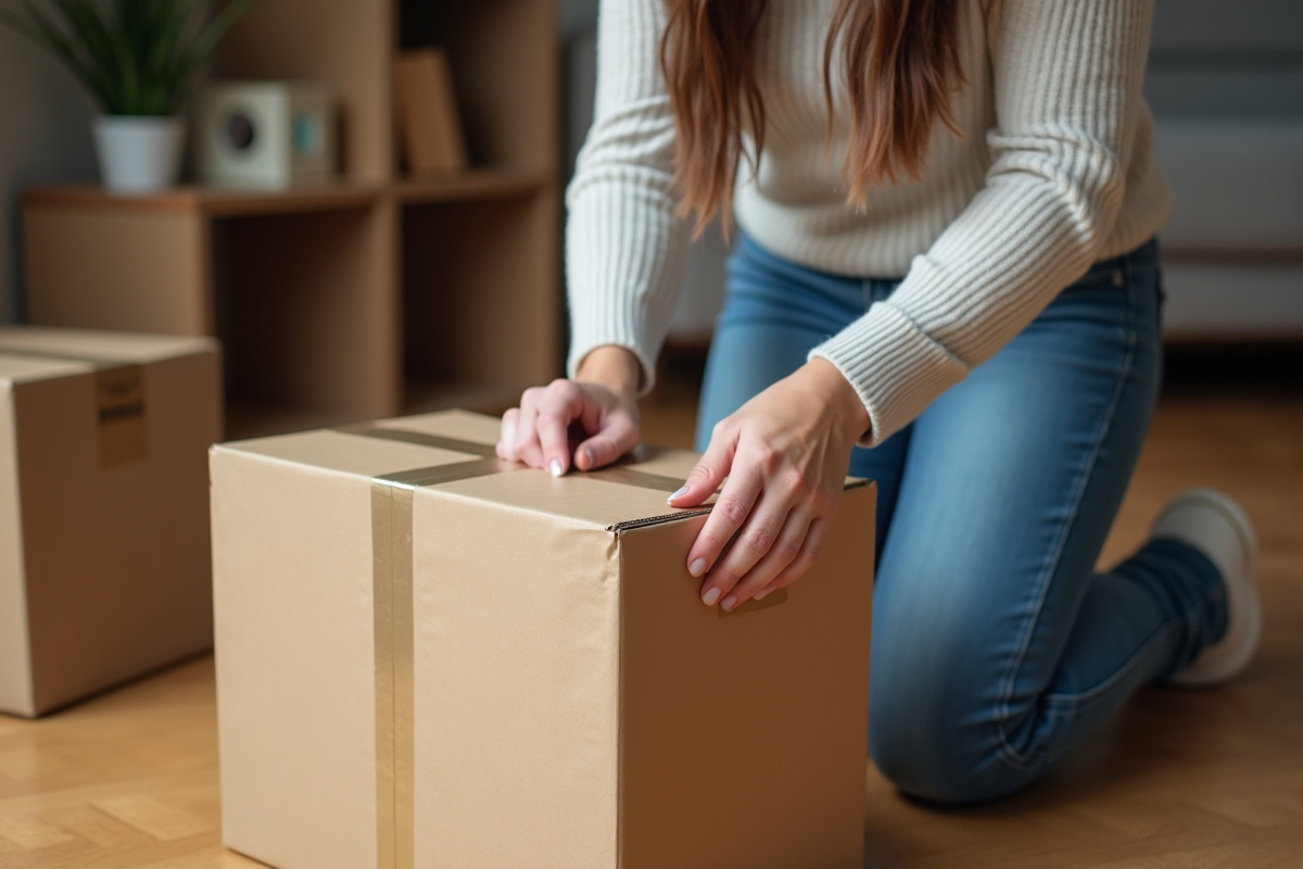 Femme emballant un carton dans un appartement